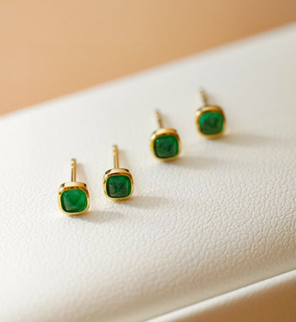 18K Gold Emerald Stud Earrings | Sugar Tower Cut Gemstone Earrings for Women