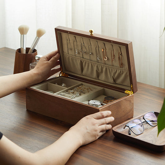 Black Walnut Jewelry Chest | Solid Wood Multi-Layer Organizer with Glass Lid