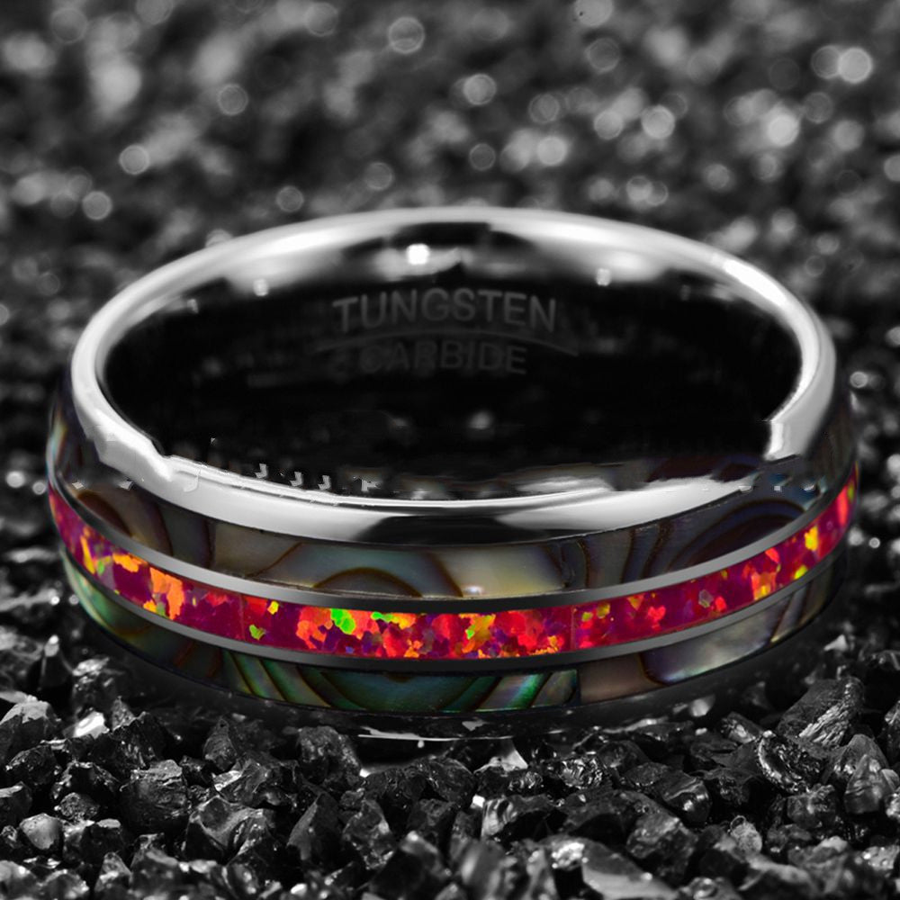 Wide Dome Abalone Shell & Magenta Opal Tungsten Ring | Men’s Statement Wedding Band