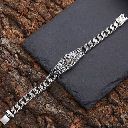 Men’s Sterling Silver Pattern Bracelet | Tang Grass Design, Thick Band