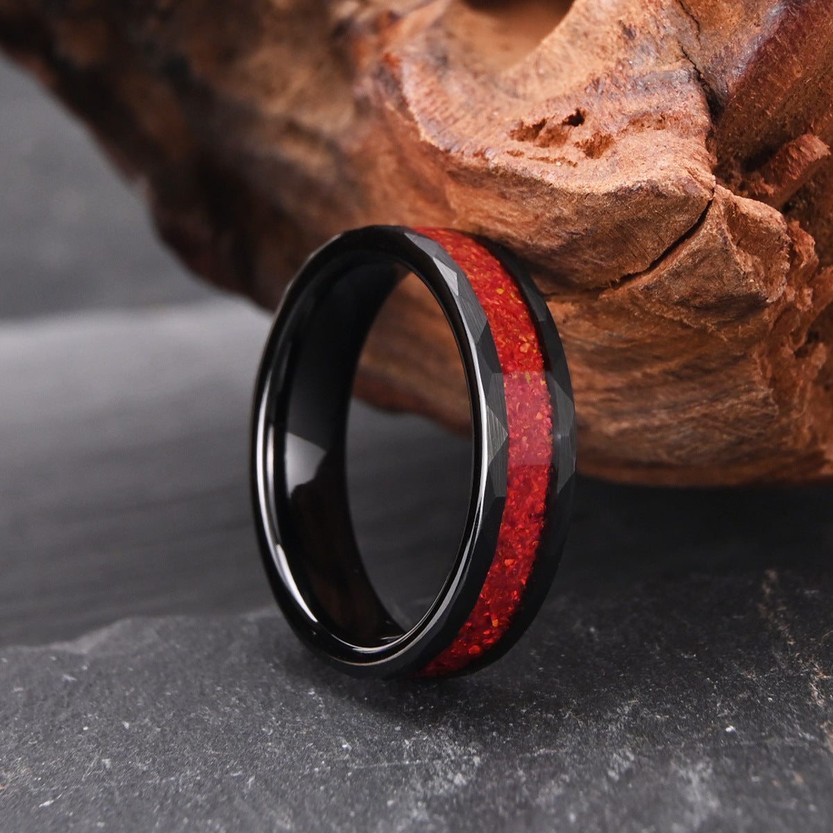 Men’s Black Tungsten Carbide Ring | Red Opal Inlay Statement Band