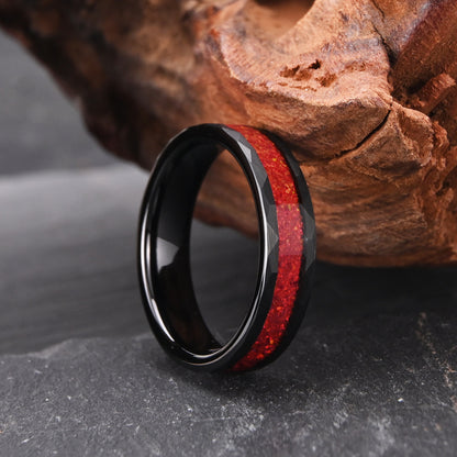 Men’s Black Tungsten Carbide Ring | Red Opal Inlay Statement Band
