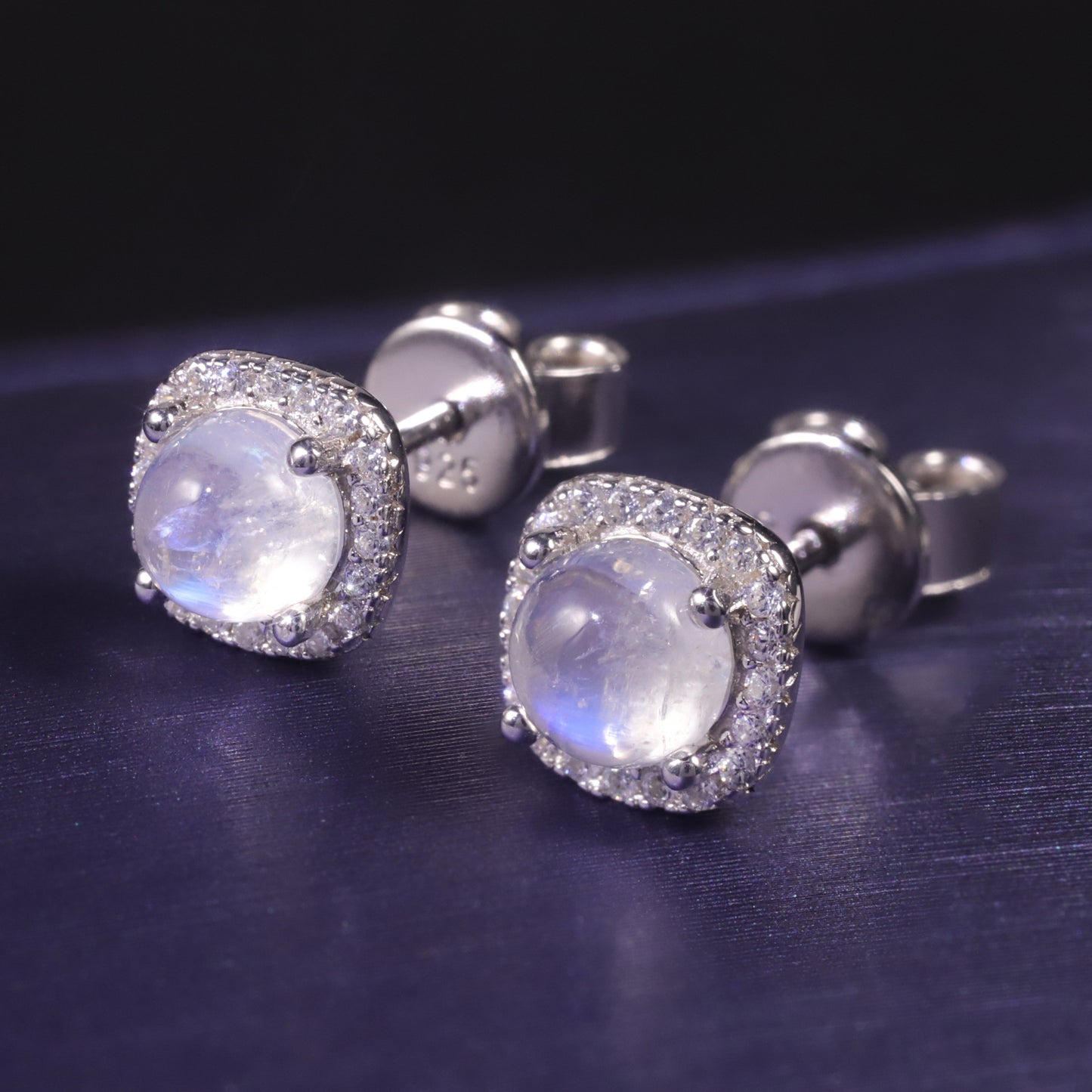 Natural Blue Moonstone Stud Earrings | S925 Sterling Silver Inlaid Gemstone