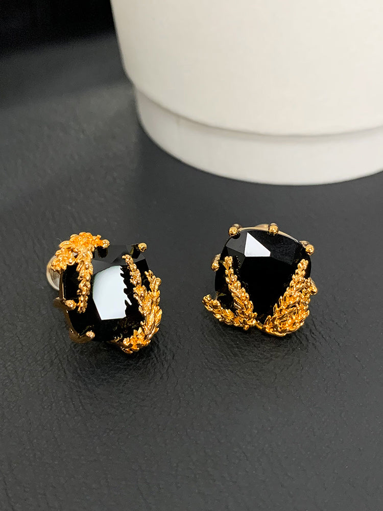 French Light Luxury Obsidian Wheat Earrings | 24K Gold-Plated Brass | Elegant Niche Jewelry